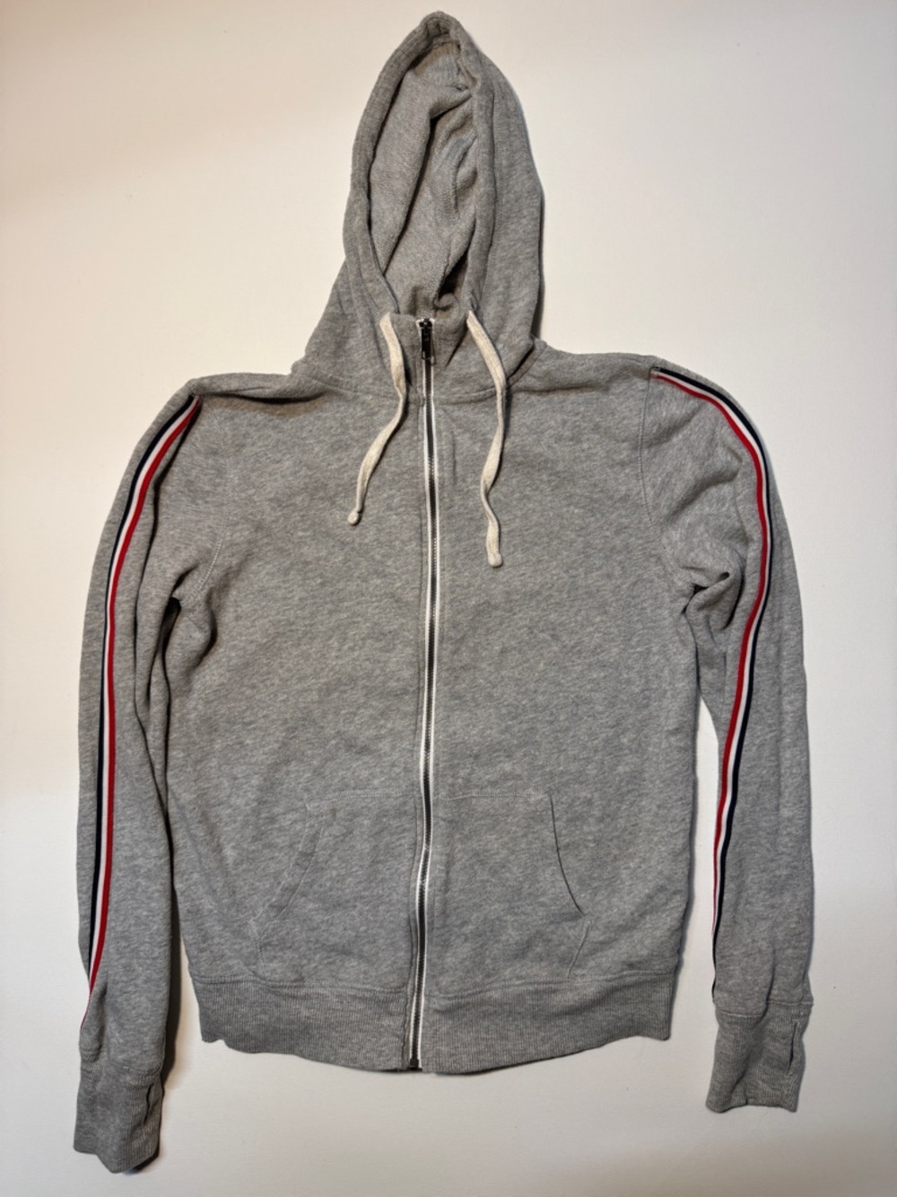 SO Grey Zip-Up Hoodie with Red‎ and Navy Stripe Sleeves